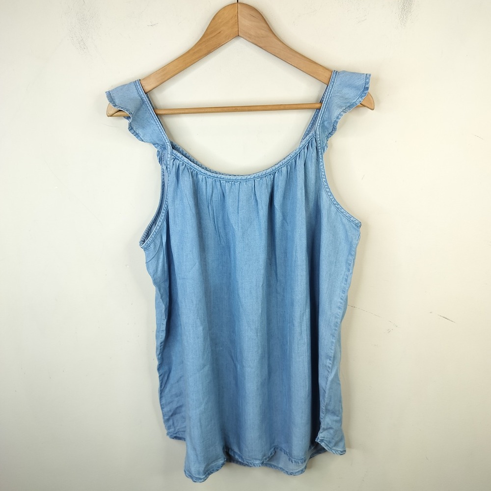 Beach Lunch Lounge Chambray Tank Top Large Ruffled Blue NWT